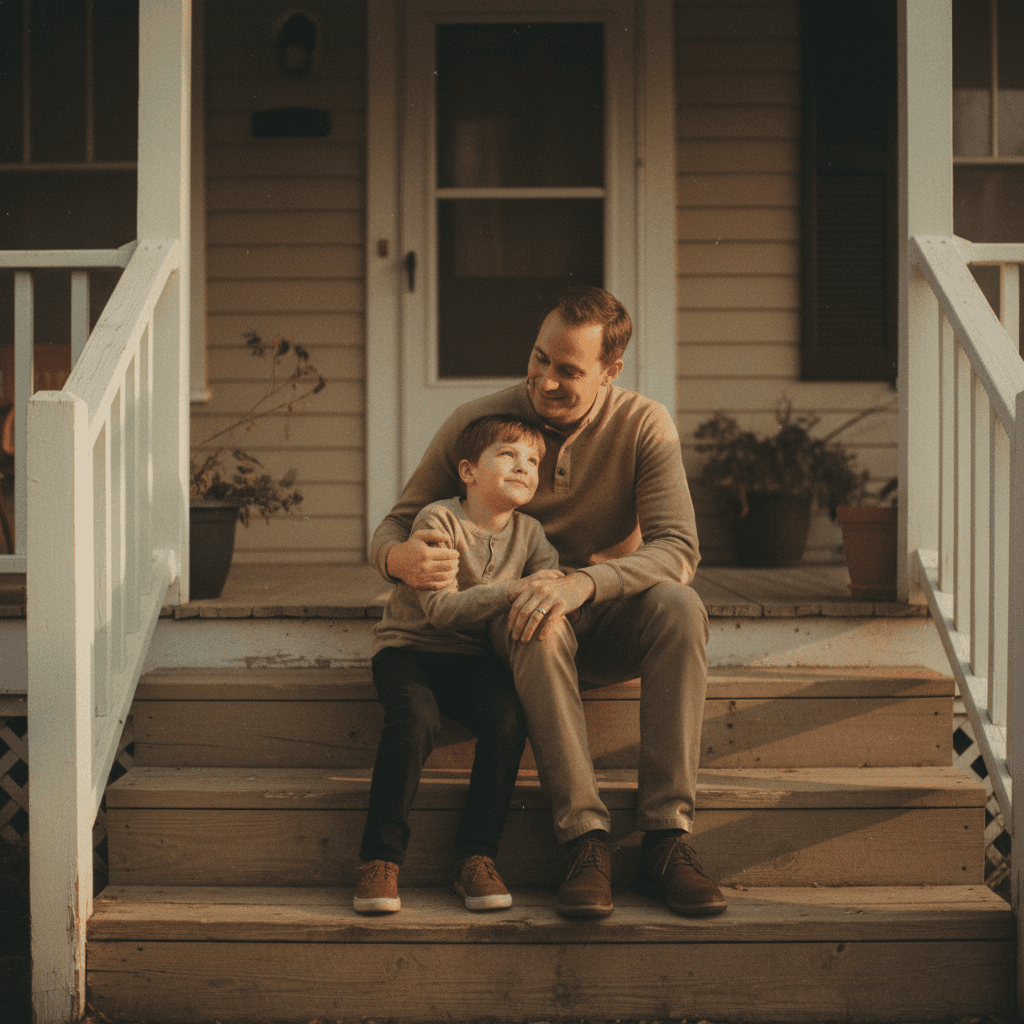 Parent and child sitting together on porch in golden hour light