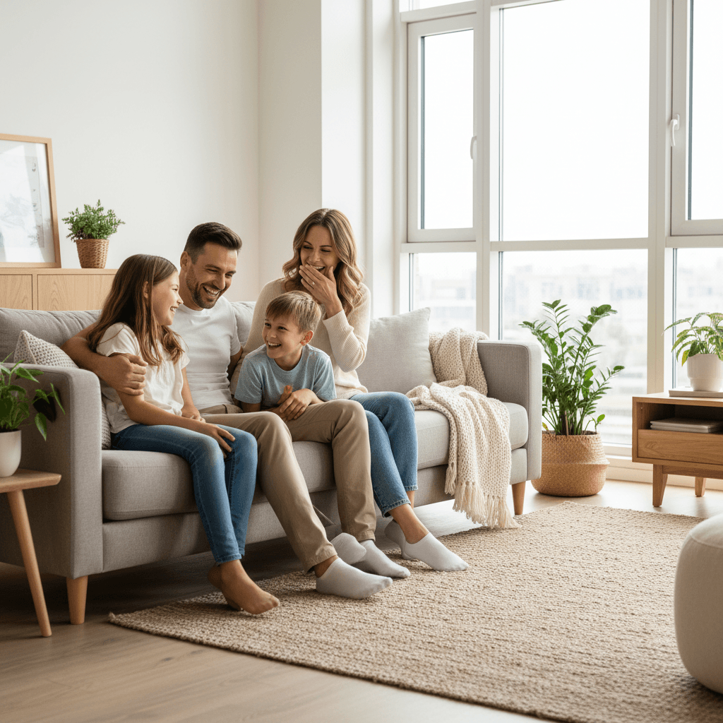 Family of four laughing together on living room couch