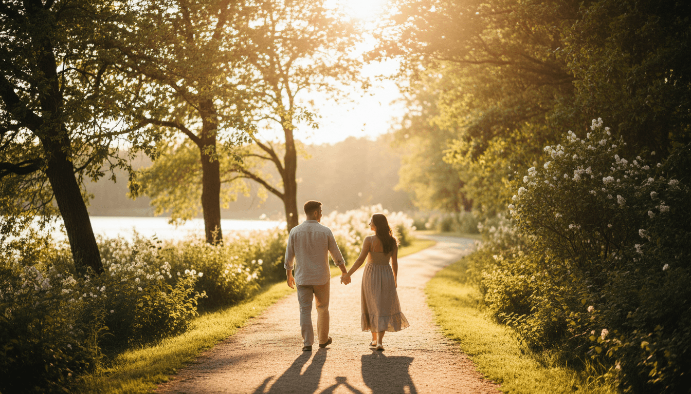 Couple walking together hand in hand on a peaceful path