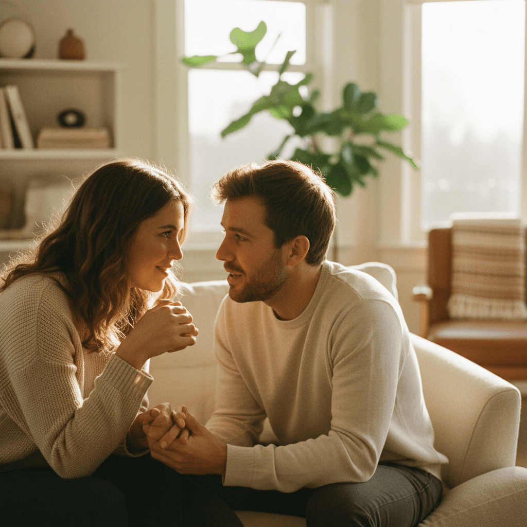 A young couple sits on a sofa, holding hands and looking into each other's eyes.