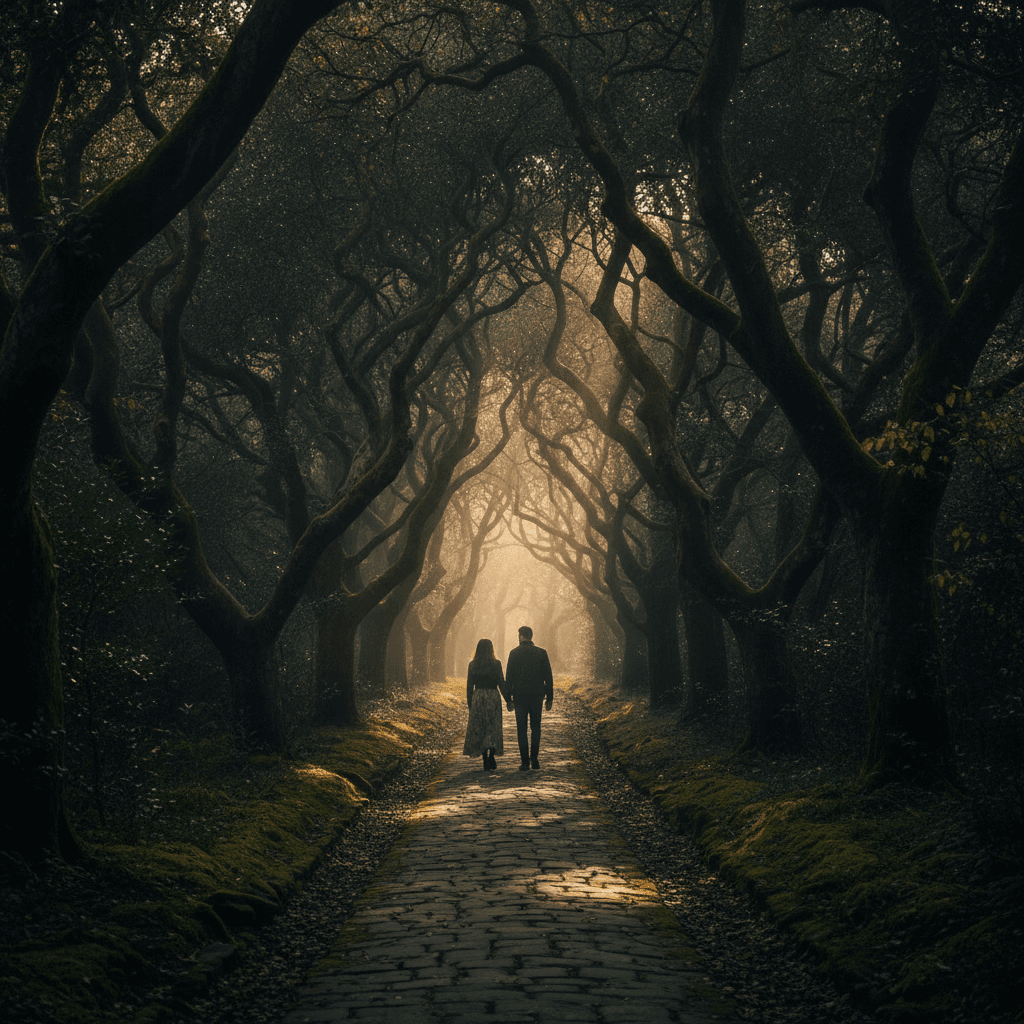 Couple walking together on tree-lined pathway in warm filtered light
