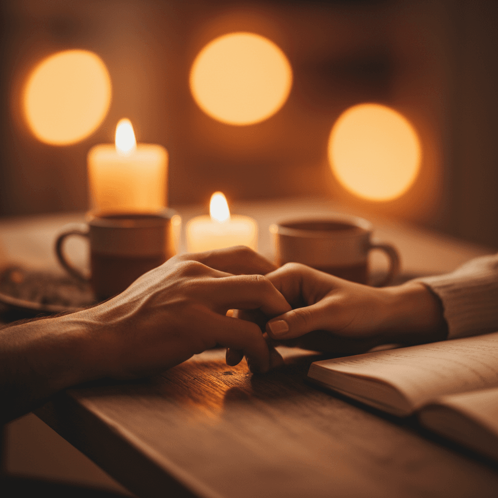 Couple holding hands across table in warm lamplight