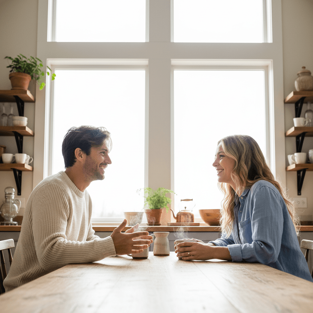 Couple having a friendly conversation over coffee
