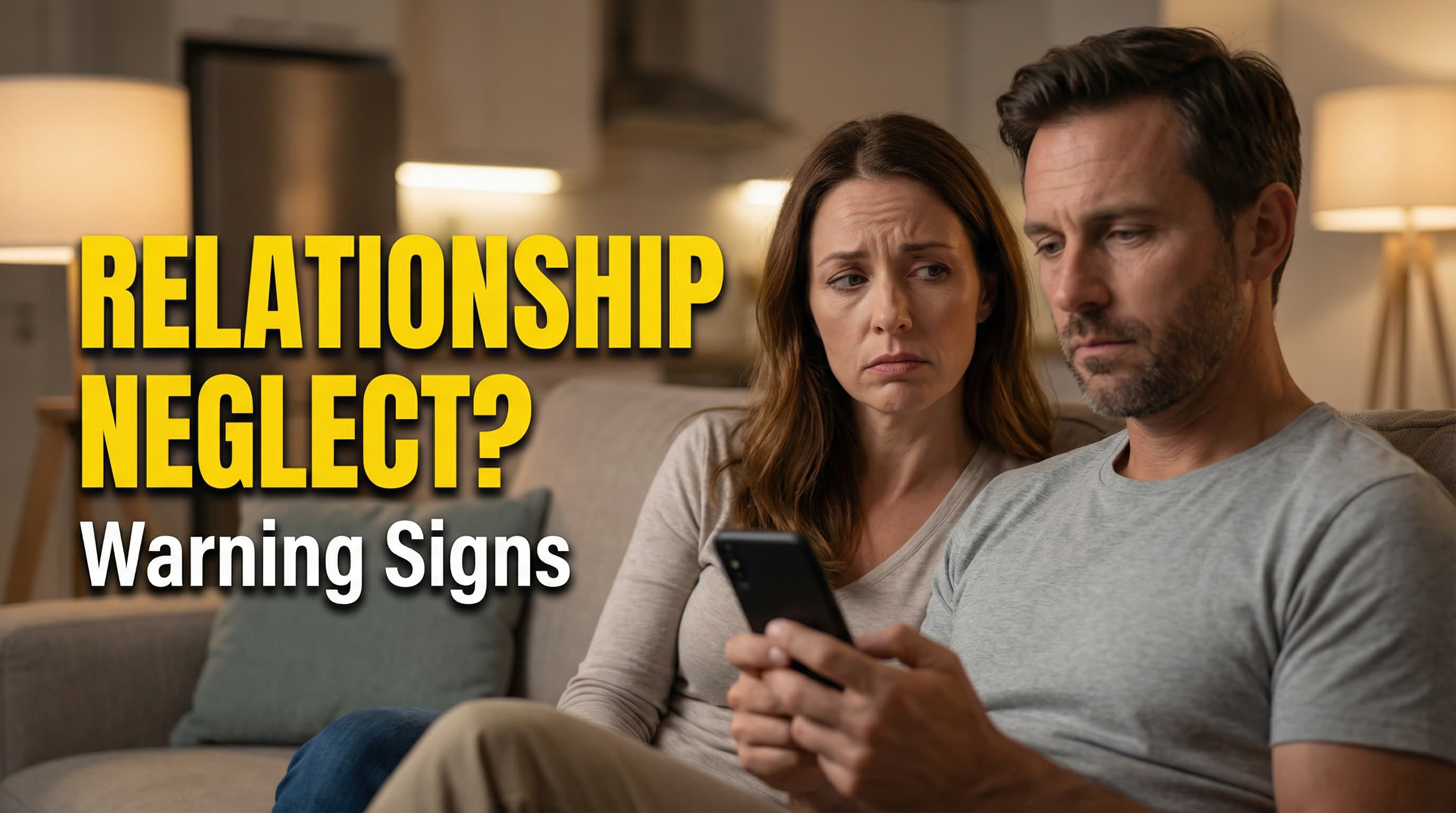Sad woman watches man using phone on couch; text reads "RELATIONSHIP NEGLECT? Warning Signs."