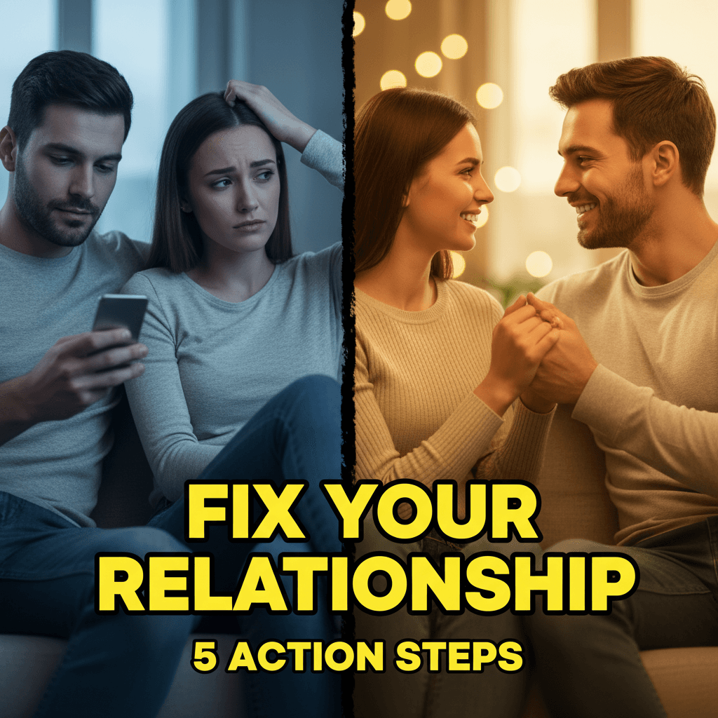 Split image of a couple transitioning from distant to connected with relationship advice text overlay.